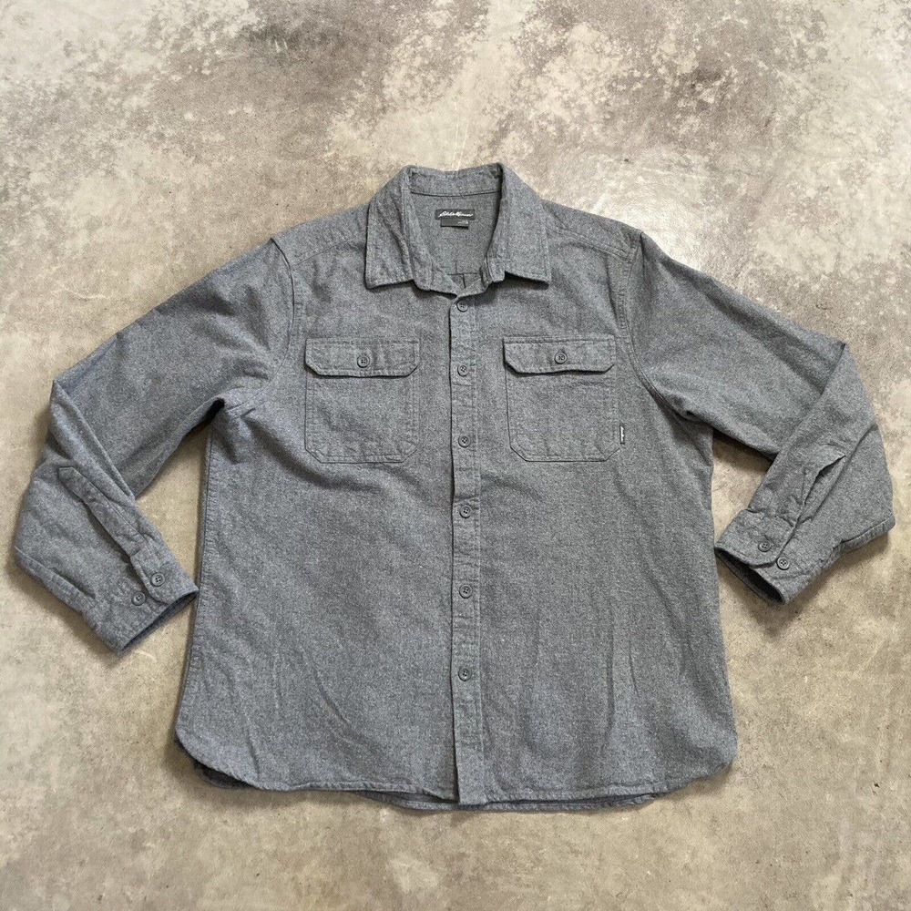 Eddie Bauer Mens Large Gray Flannel Button Up Shirt Outdoor Hiking Warm